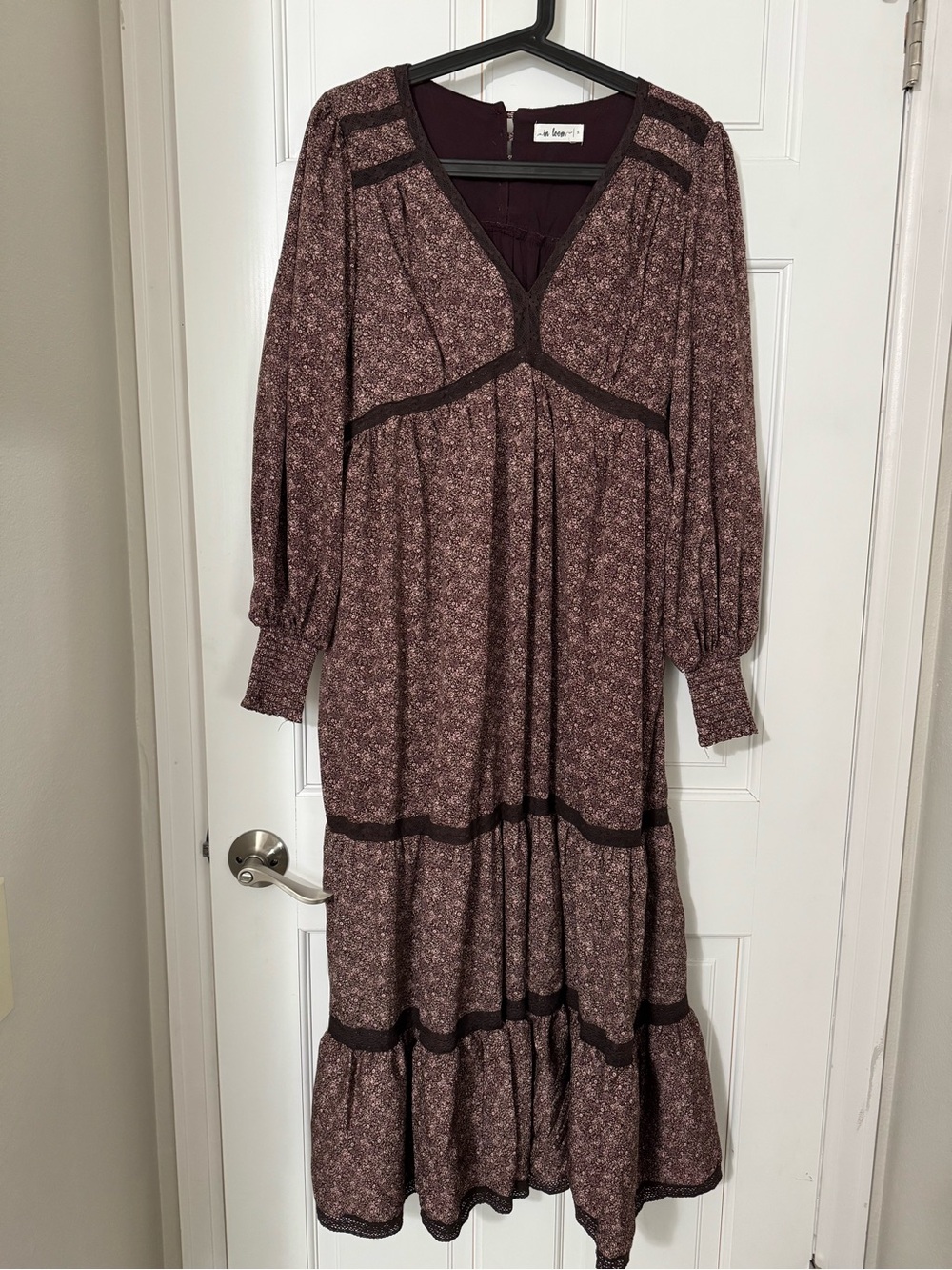 Brown Floral Lace Trim Bubble Sleeve Maternity Maxi Dress - Picture 4 of 6